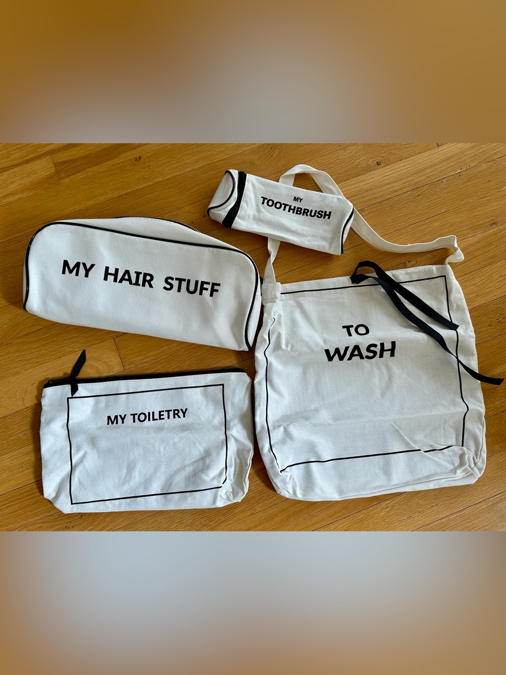🆕 White Canvas Travel Pouches Set - Labeled